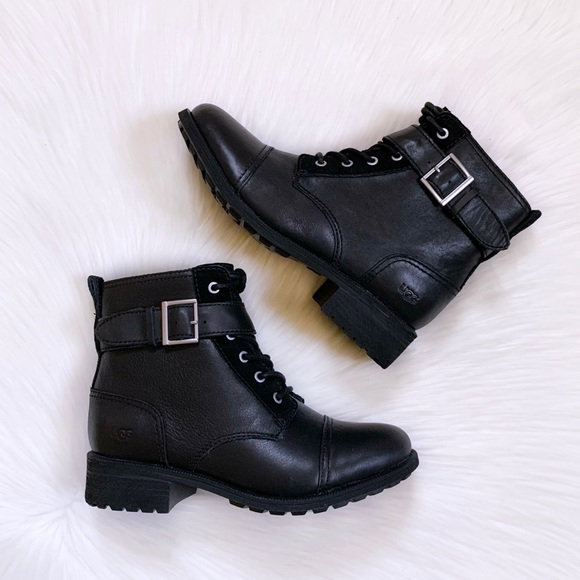 UGG Shoes - UGG Jaidyn Black Leather Cozy Combat Boots